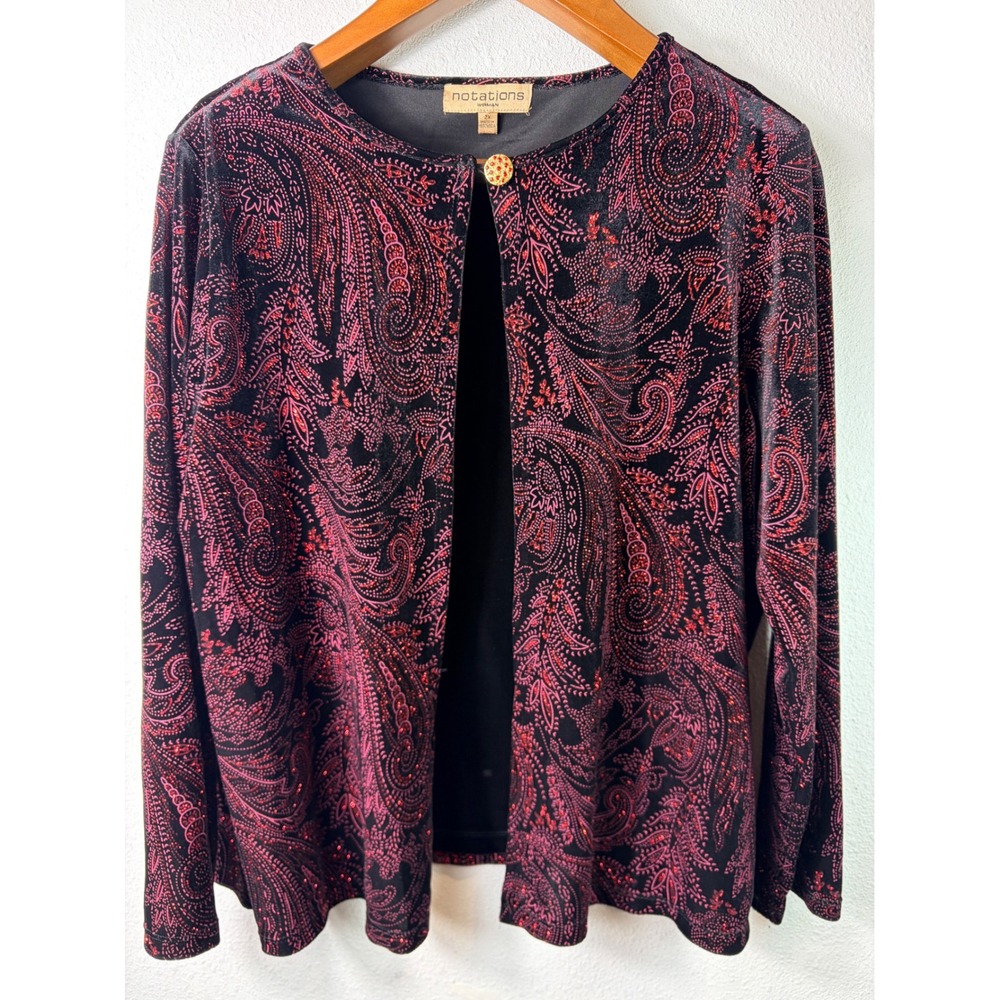 Notations Black Red Glitter Floral Velvet Cardigan Top sz 2X Whimsigoth Sparkle